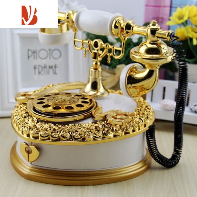 三维工匠复古老式拨盘心型电话机八音盒欧式电话收纳音乐盒酒吧咖啡厅摆件 电话音乐盒白金色图片