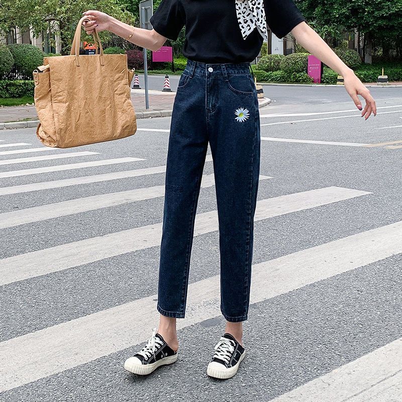 小雏菊牛仔裤女学生韩版潮流高腰显瘦阔腿老爹裤夏季薄款九分裤子