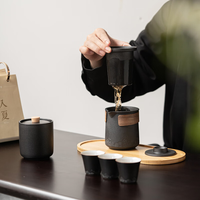 苏氏陶瓷(SUSHI CERAMICS) 山水旅行茶具便捷功夫茶具套装 海浪-旅行干泡装(黑)