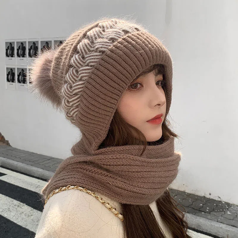 帽子围巾围脖一体女秋冬韩版百搭甜美加厚保暖潮毛线针织帽连体 莎丞