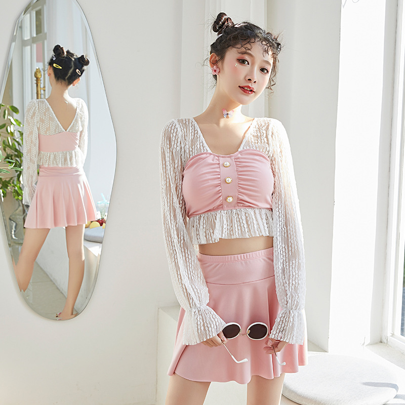 韩版游泳衣女分体两件套小清新少女学生保守显瘦仙女范温泉泳 装