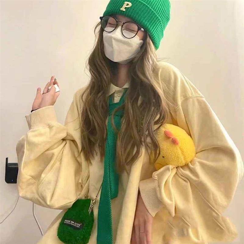 复古卫衣女秋季学生宽松慵懒风polo领长袖绿色领带外套上衣潮