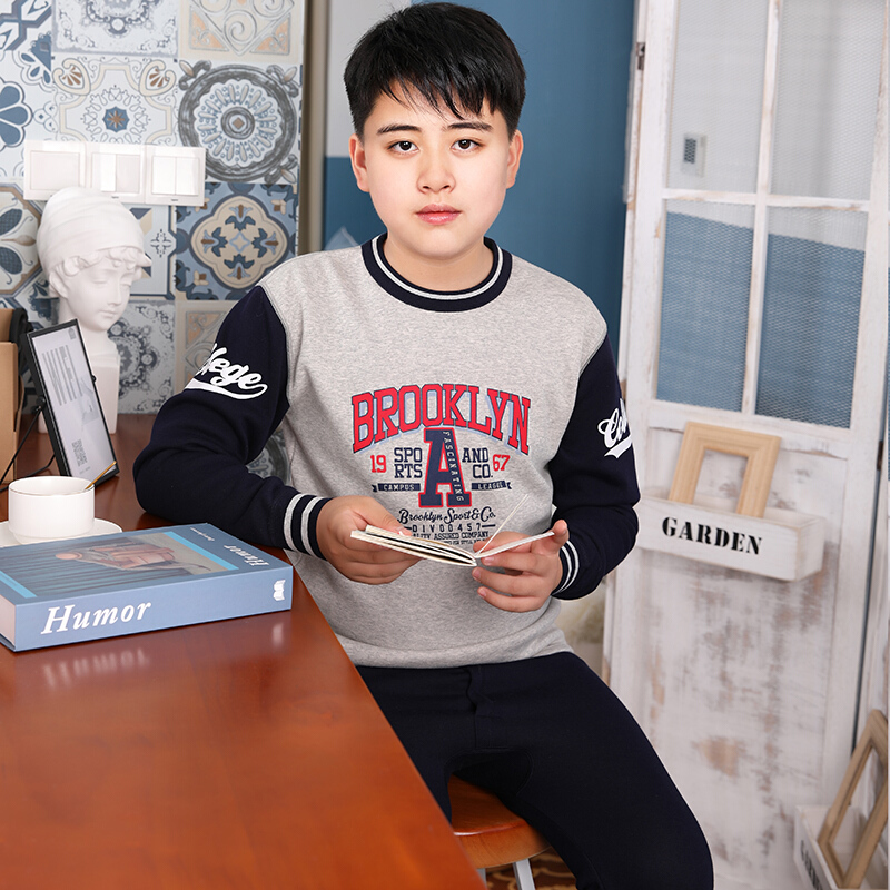 波迷娜（BOMINA)青少年加肥加大码肥胖大童男孩保暖内衣套装初中学生胖童加绒加厚