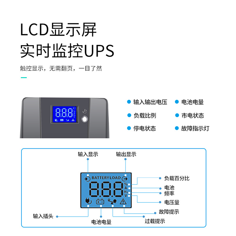 德际 UPS不间断电源D1500VA 900W稳压LCD触控屏幕 单电脑续航60分钟 可带3台电脑