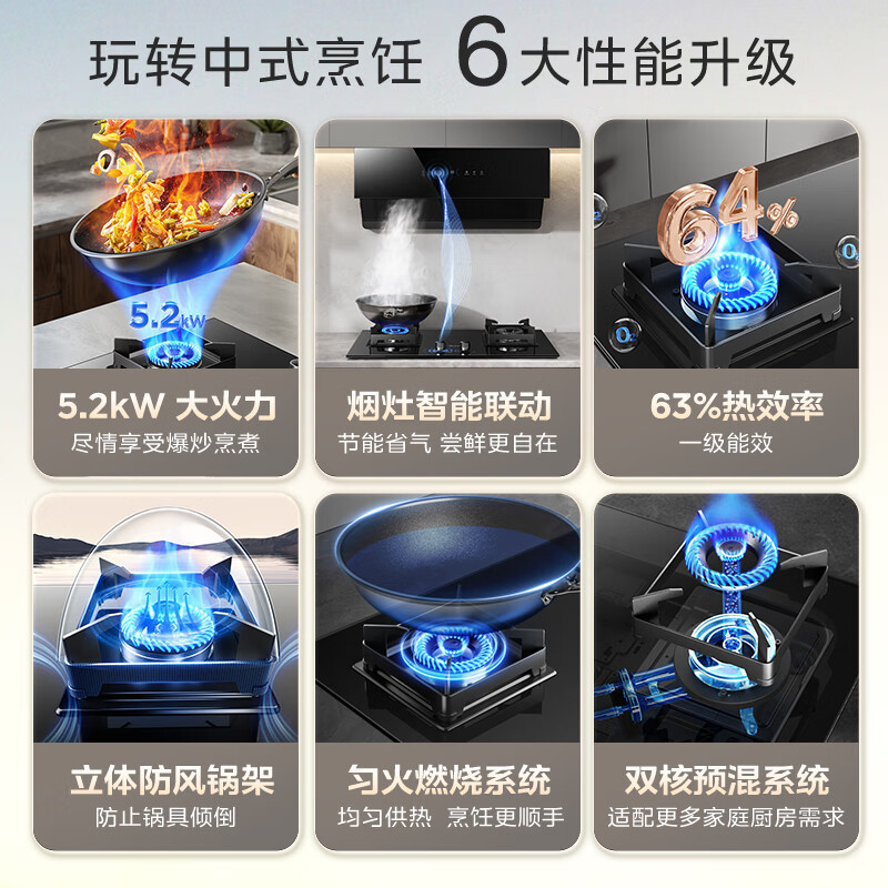 [苏宁自营]美的家用5.2KW大火力燃气灶双灶天然气灶具煤气灶Q523L台式嵌入式两用双眼灶烟灶联动国家补贴