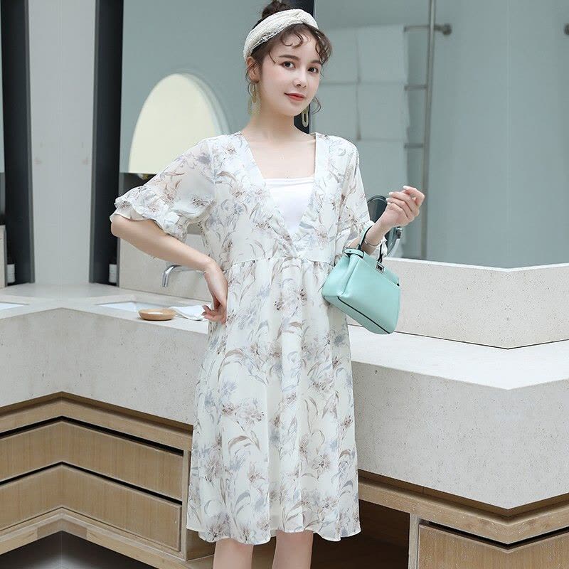 迪鲁奥(DILUAO)孕妇装夏装外出2021新款V领雪纺孕妇连衣裙中长款时尚潮妈孕妇裙子夏季宽松透气 白色裙图片