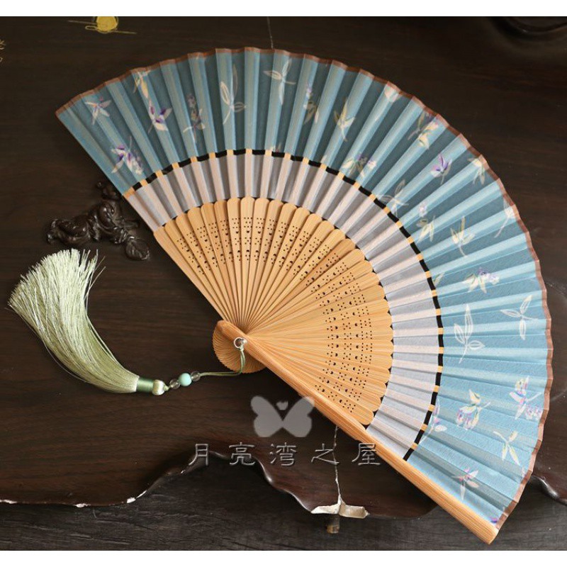 人气精品6寸夏季女扇日用扇双截扇面折叠携带小扇子旗袍扇淡蓝 三维工匠 粉色+小扇坠高清大图