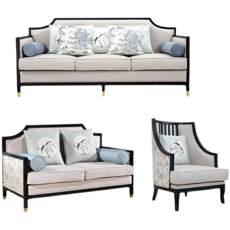 易企采 三人位皮艺沙发2200*900*850mm 办公沙发新中式实木沙发组合布艺沙发样板间售楼处洽谈轻奢家具接待高清大图