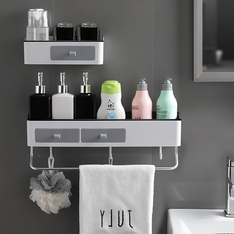 卫生间置物架浴室厕所免打孔壁挂式洗手洗漱台毛巾架墙上收纳架子双抽