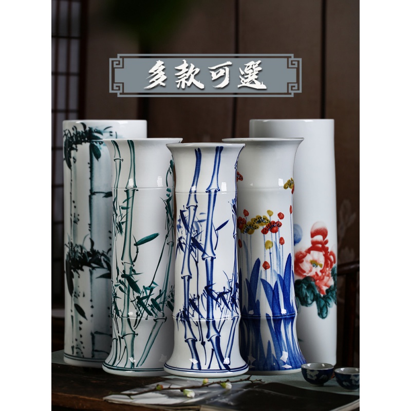 景德镇陶瓷筒富贵竹花瓶插花摆件客厅落地特大号直筒水养培插花器 三维工匠 箭筒青花竹(不含底座)高清大图