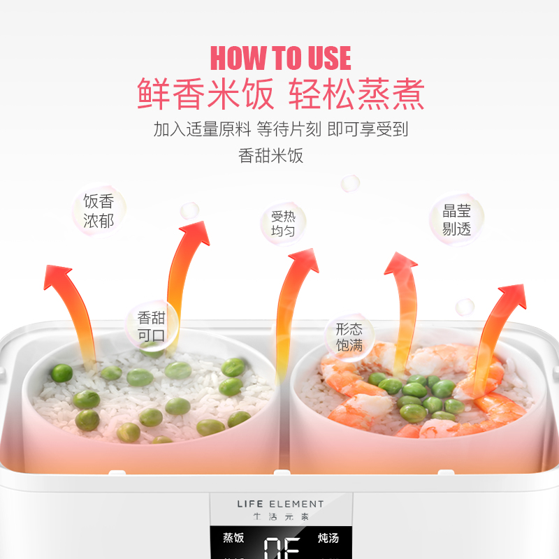 生活元素 LIFE ELEMENT 插电式电热饭盒 便携式保温加热饭盒 双层陶瓷内胆 便当盒2L四胆 F19高清大图