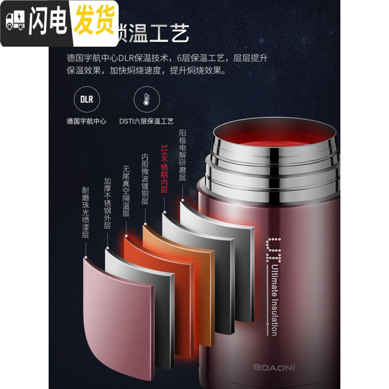 三维工匠316不锈钢真空超长保温饭盒 大容量焖粥罐闷烧壶 [无缝]奢华红1000(送包+餐具)