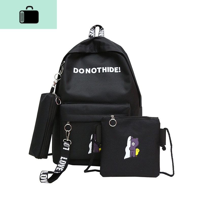 书包女学生包多件套韩版ulzzang简约帆布森系双肩包女情侣款背包NEW LAKE 黑色-三件套