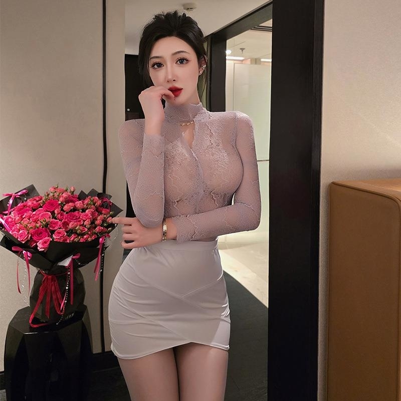 长夜漫漫情趣内衣性感诱惑透视包臀短裙制服女秘书蕾丝裙qqny1959 灰色+灰色开档袜 均码(80-130斤)