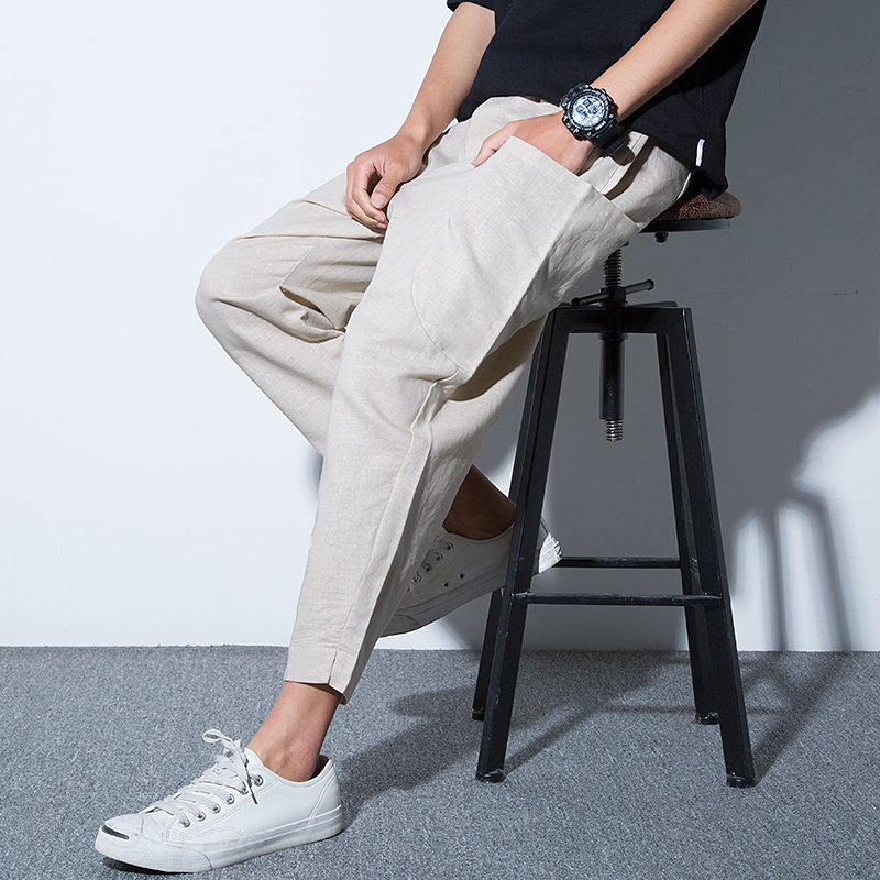 夏款亚麻九分裤男萝卜裤韩版时尚哈伦裤棉麻休闲裤宽松小脚裤子男