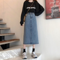 复古蓝色高腰显瘦a字半身裙女2021年春季新款韩版中长款牛仔裙子 蓝色 L