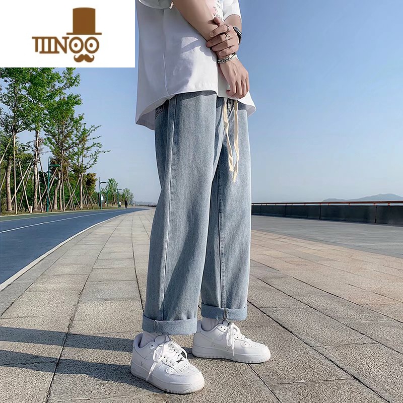 YANXU牛仔裤男夏秋季耐磨多口袋松紧腰裤子男潮流港风男士阔腿直筒长裤高清大图