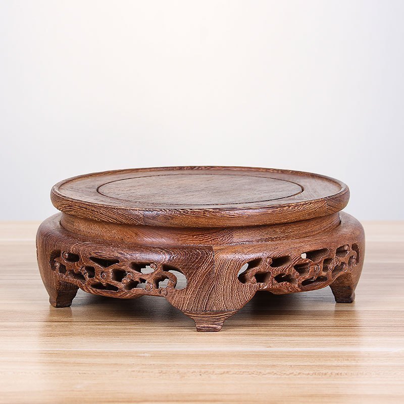 中国江西景德镇市明清古典圆形鸡翅木质花瓶摆件底座 鸡翅细花直径