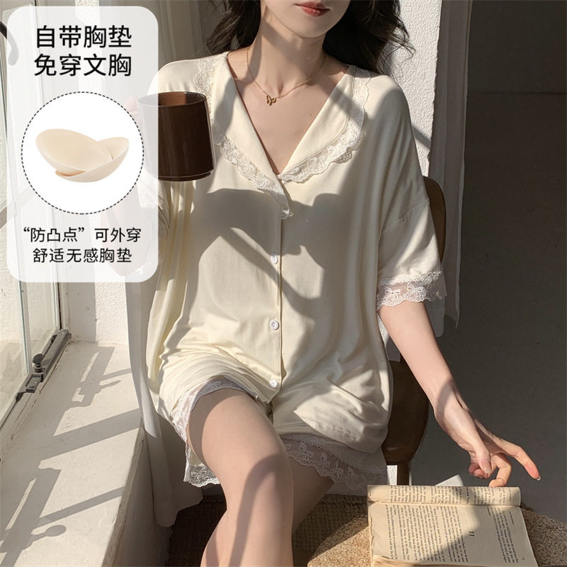 睡衣女士夏季开衫短袖裤套装薄款大码2026新款带胸垫家居服高清大图