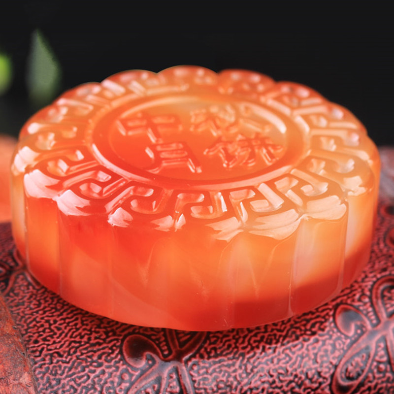 玛瑙玉月饼玉髓摆件玉石圆环把件 带证书送女朋友七夕情人节礼物