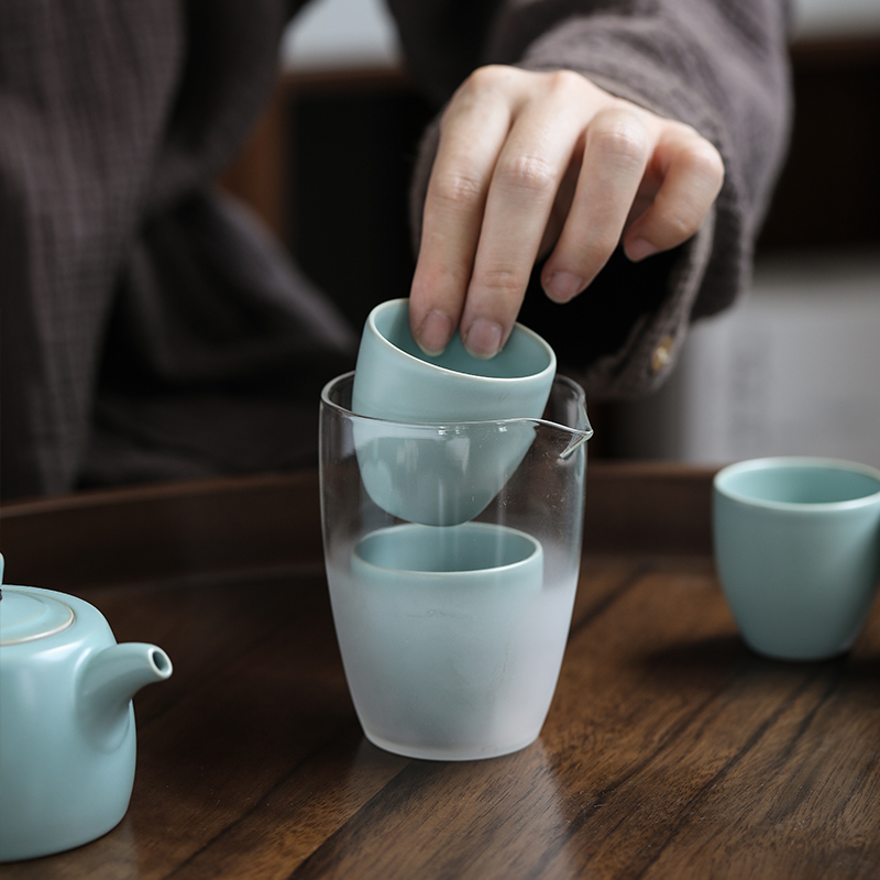 苏氏陶瓷 SUSHI CERAMICS 汝窑茶具套组旅行茶具便捷茶具高品质开片可养金线一壶四杯一玻璃公道杯旅行包包装