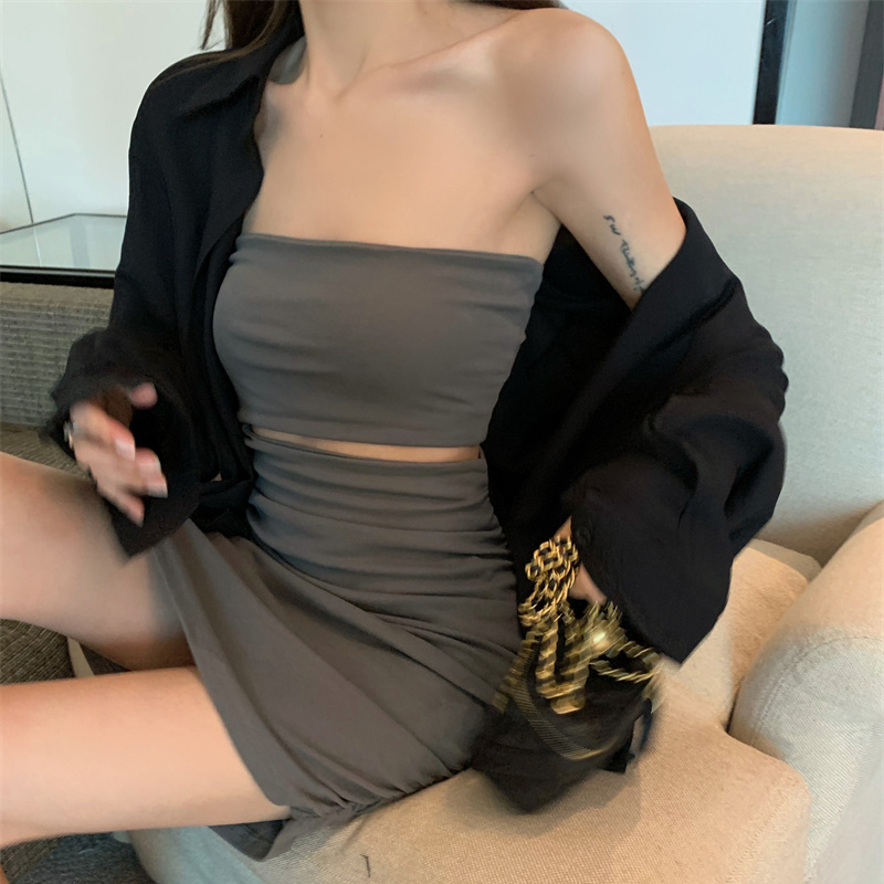 抹胸连衣裙女设计感小众性感露腰紧身包臀裙夏季辣妹显瘦灰色裙子灰色