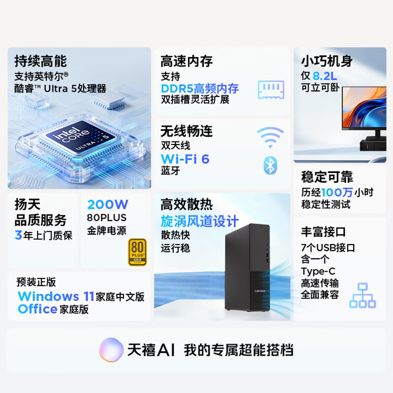 联想(Lenovo)扬天M4000q 台式机电脑整机(Ultra5 225 16G DDR5 512G SSD Office Win11)23英寸显示器 商用办公家用学习高清大图