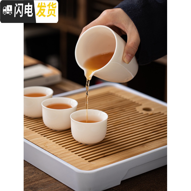 三维工匠羊脂玉白瓷功夫茶具套装家用简约盖碗茶壶茶杯干泡小茶盘陶瓷整套 羊脂玉[盖碗茶壶六君子大竹盘套组]高清大图