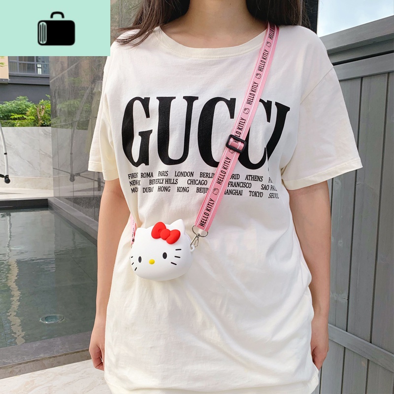 日韩粉色系女包新款休闲可爱卡通零钱包大容量少女儿童斜挎背包包NEW LAKE 中号白Kitty+长布绳