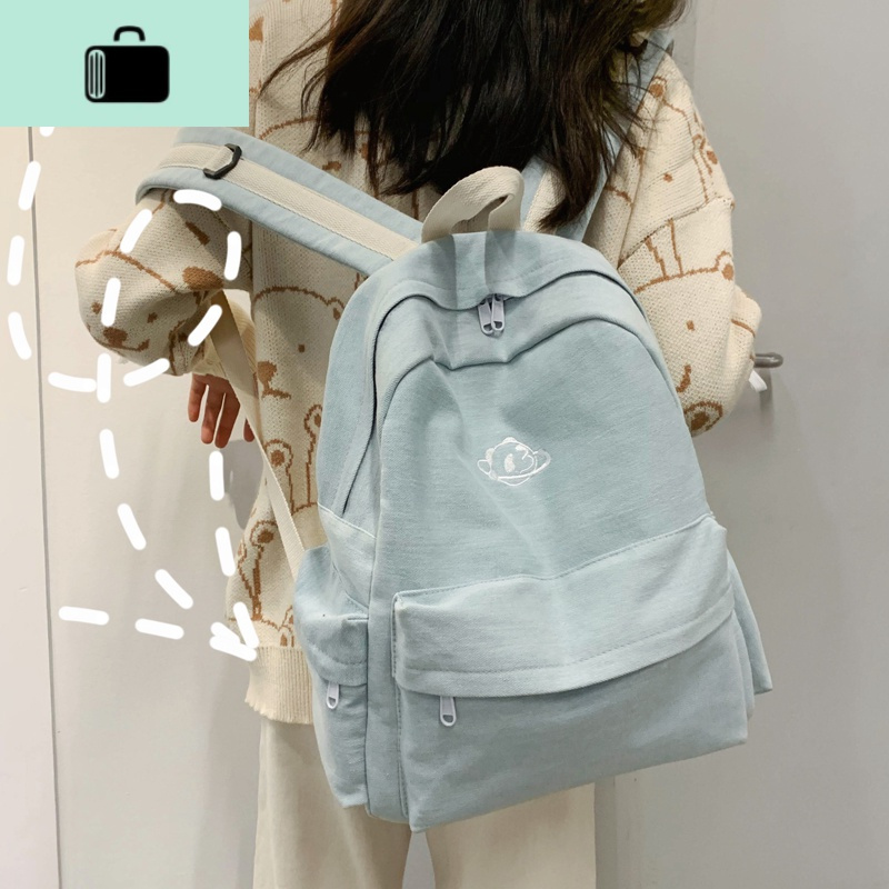 文艺小清新帆布书包女韩版高中生大学生双肩包女百搭少女背包NEW LAKE 浅蓝色(收藏小礼物