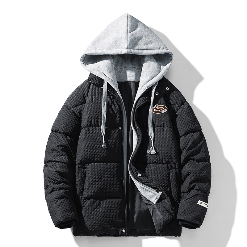 新款冬季男装加厚假两件棉衣男韩版连帽棉服潮流宽松保暖棉袄外套