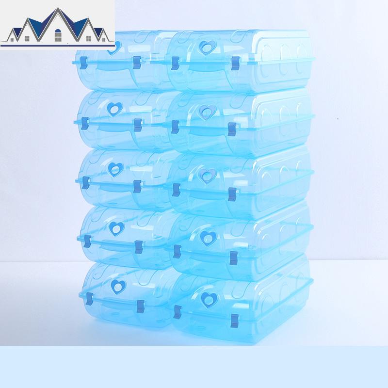 透明塑料鞋盒收纳盒整理箱鞋柜鞋子收纳省空间家用20个装加厚 三维工匠收纳柜 蓝色透明20个装37x22x13cm