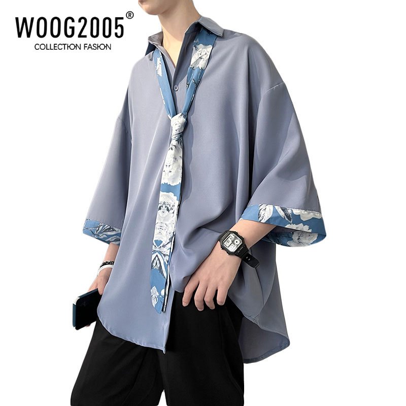 WOOG2005墨绿色日系衬衫夏季男装冷淡风短袖vintage六七分袖衬衣