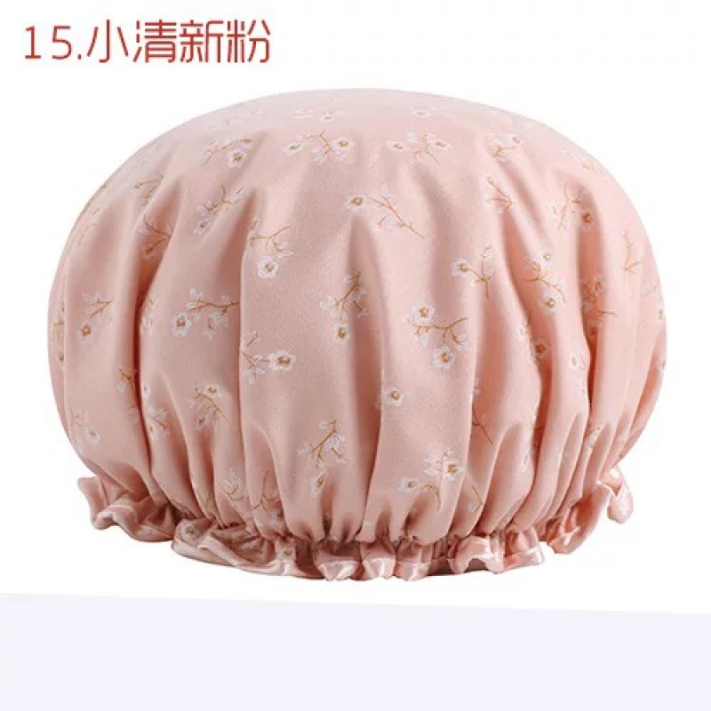 韩版波点印花浴帽色丁布淋浴帽双层防水浴帽洗头帽防油烟帽子 三维工匠 小清新粉高清大图