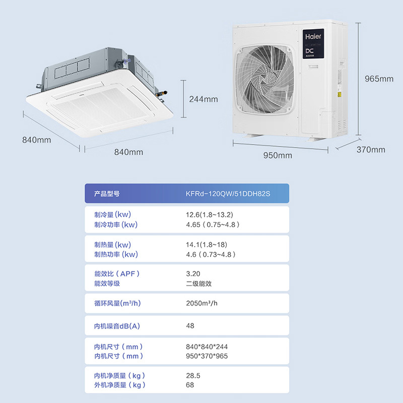 海尔haier中央空调天花机空调5匹冷暖变频吊顶空调嵌入式380v商用kfrd