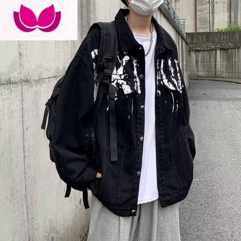 七斓美式涂鸦字母印花帅气高街牛仔外套男复古潮牌宽松百搭夹克
