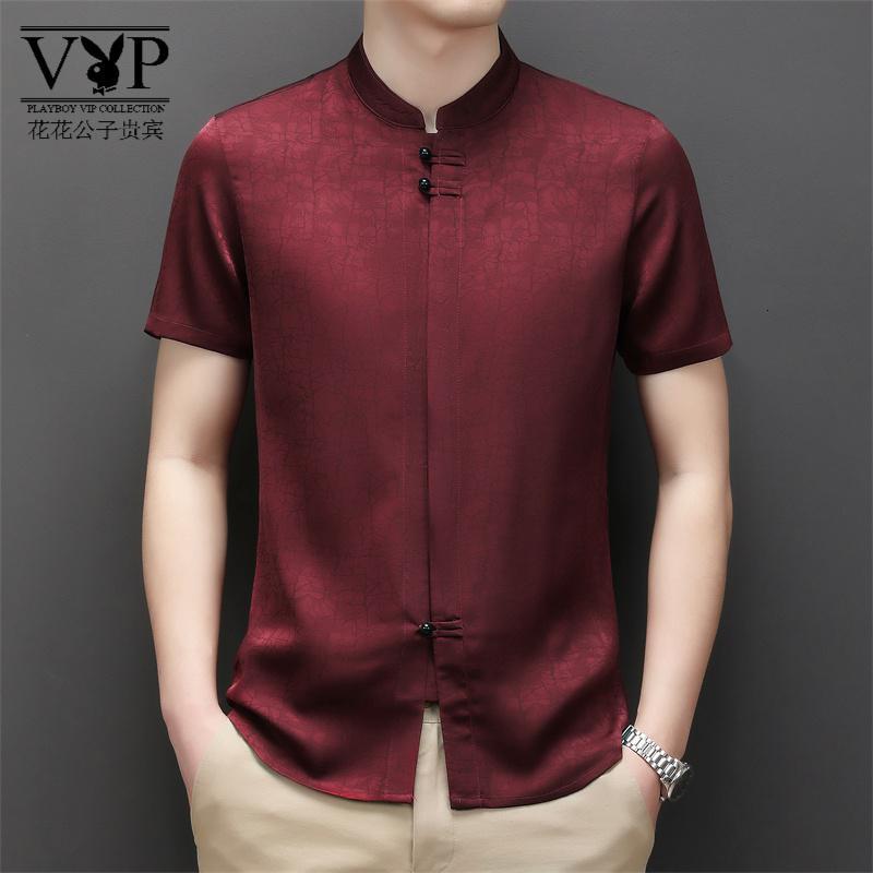 花花公子贵宾 唐装男士短袖中国风夏装中老年人爸爸半袖居士服透气复古男装上衣