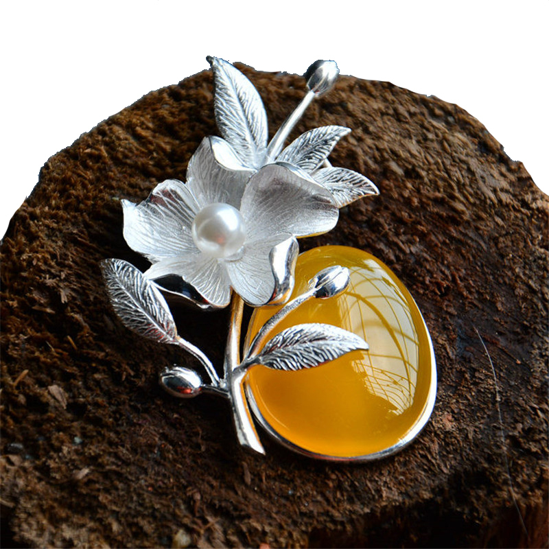 925项链黄玉髓镶嵌花朵造型坠女款挂件玉石首饰品送女朋友七夕情人节