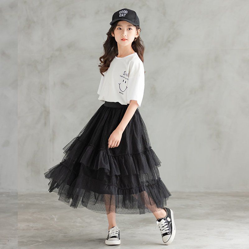 儿童半身裙亲子公主蓬蓬裙中大童网纱蛋糕裙夏天女童黑色长款纱裙黑色