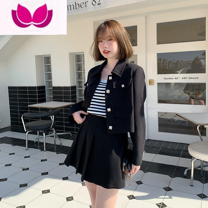 七斓微胖大码胖mm小香风时尚套装女春季气质外套百褶短裙套 黑色上衣第二批拍下13个工作日发 XXL