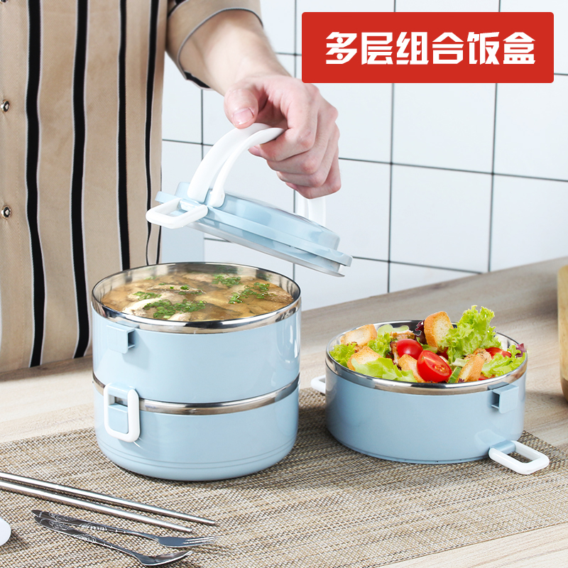 不绣钢保温饭盒上班族保温桶便携烘焙精灵学生儿童便当盒分隔型餐盒套装 粉色三格(送餐具)