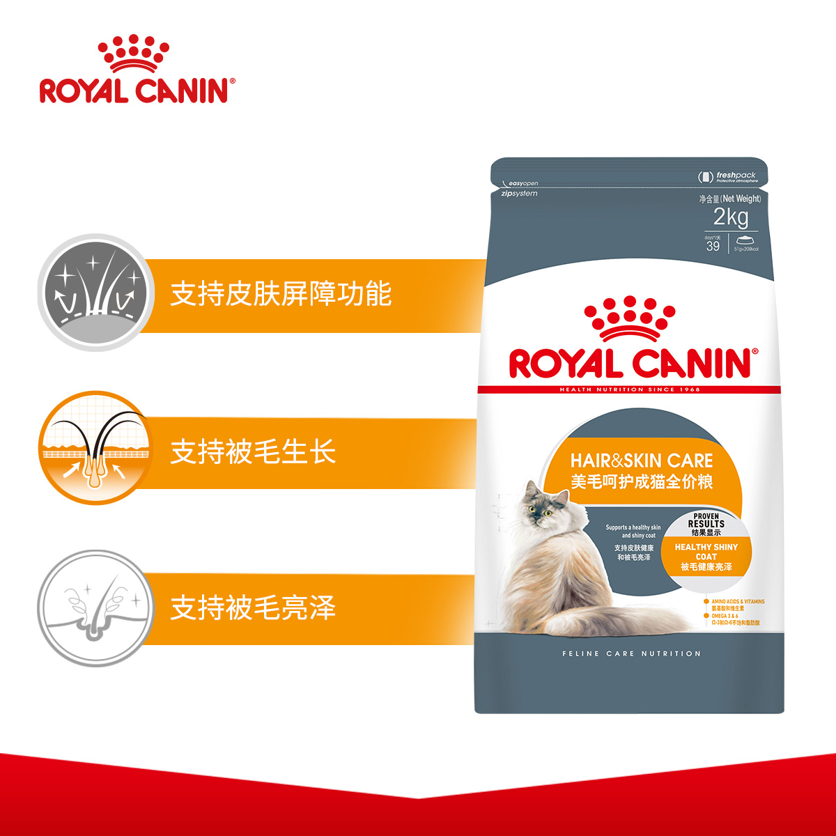 ROYAL CANIN 皇家猫粮 H33美毛呵护成猫猫粮 全价粮 2kg 健康皮肤 被毛亮泽高清大图