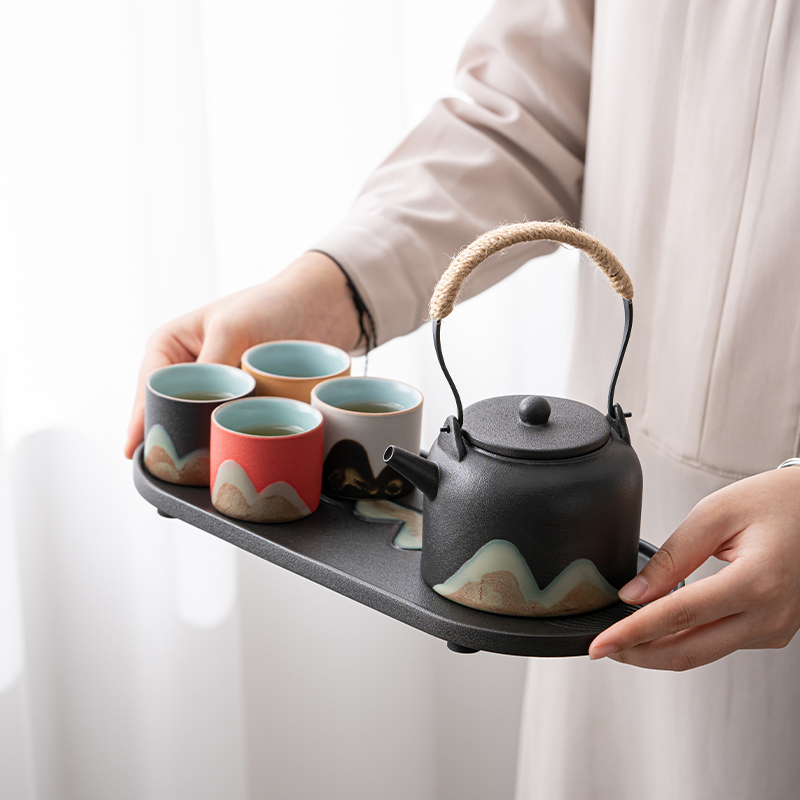 苏氏陶瓷(SUSHI CERAMICS)手绘釉画彩千里江山四色杯温茶套装干泡盘禅黑文创伴手礼套组
