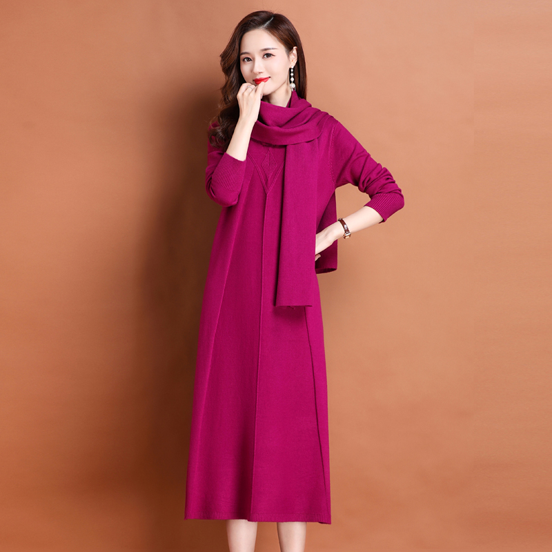 配围巾2024春秋新款羊绒衫女装高个子长款过膝毛衣春秋大码打底羊毛针织连衣裙高端羊毛衫女内搭针织羊绒连衣裙V领套头毛衣女 玫红 M