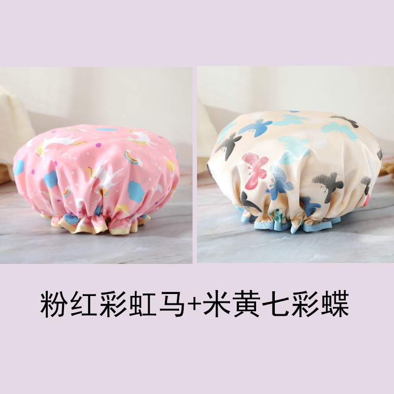 双层防水洗澡浴帽 成人女士卡通可爱油烟帽加厚浴室淋浴帽 三维工匠 粉色彩虹马+米色七彩蝶高清大图