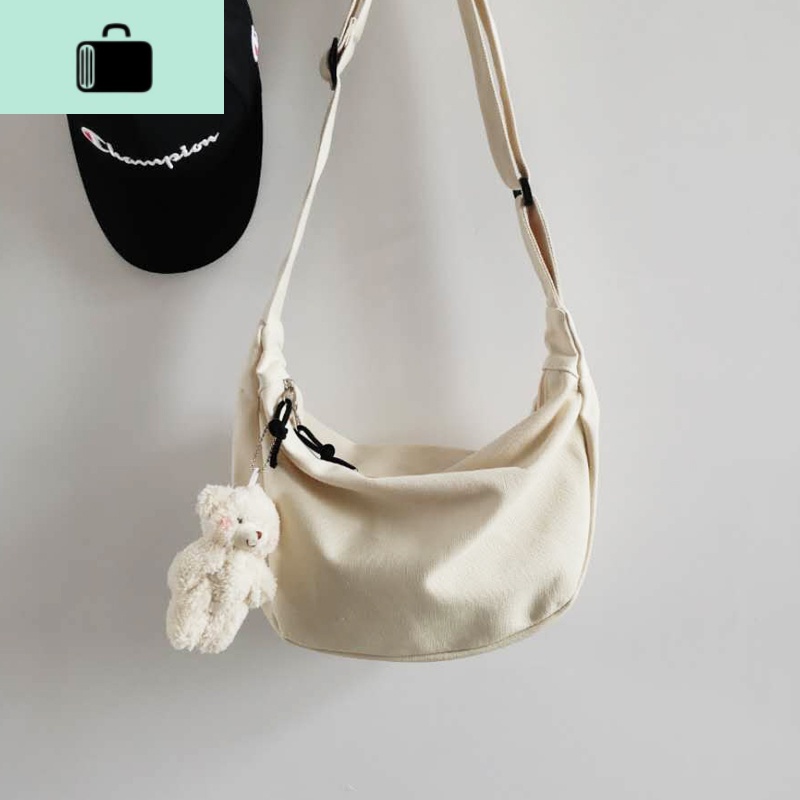 男士斜挎包百搭帆布单肩包女休闲小挎包2020新款背包日系斜跨包包NEW LAKE 白色带腮红熊挂件