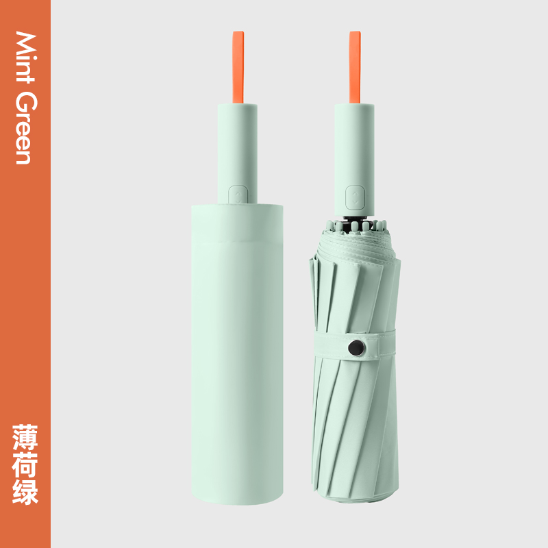 旭晴高级果冻撞色12骨双层黑胶一键开合晴雨两用自动伞 薄荷绿