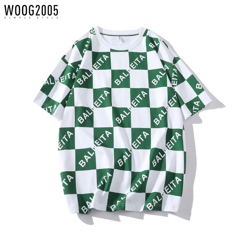 WOOG2005 夏季格子印花T恤男潮流大码韩版圆领百搭运动休闲短袖男