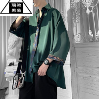 希杰狮王墨绿色七分袖衬衫男夏季高级感设计小众痞帅短袖衬衣DK领带制服JK