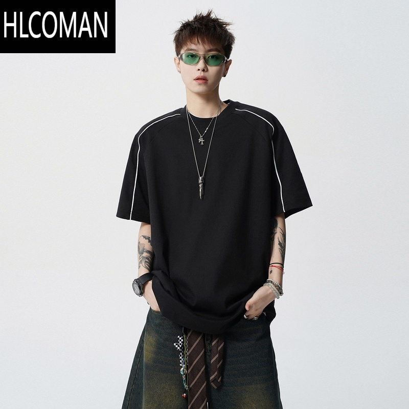HLCOMAN条纹拼接白色T恤男夏季美式复古宽松插肩袖体恤潮牌百搭短袖上衣